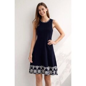 SHOSHANNA CATERINA SLEEVELESS DRESS A-LINE SKATER EMBROIDERED HEM STRETCH KNIT S